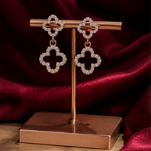 Miayaa Clover Drop Earrings - Rose gold double clover pavé drop earrings