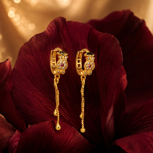 Miayaa Ruby Tassel Hoop Earrings - Gold hoop with ruby floral charm and chain tassel drop
