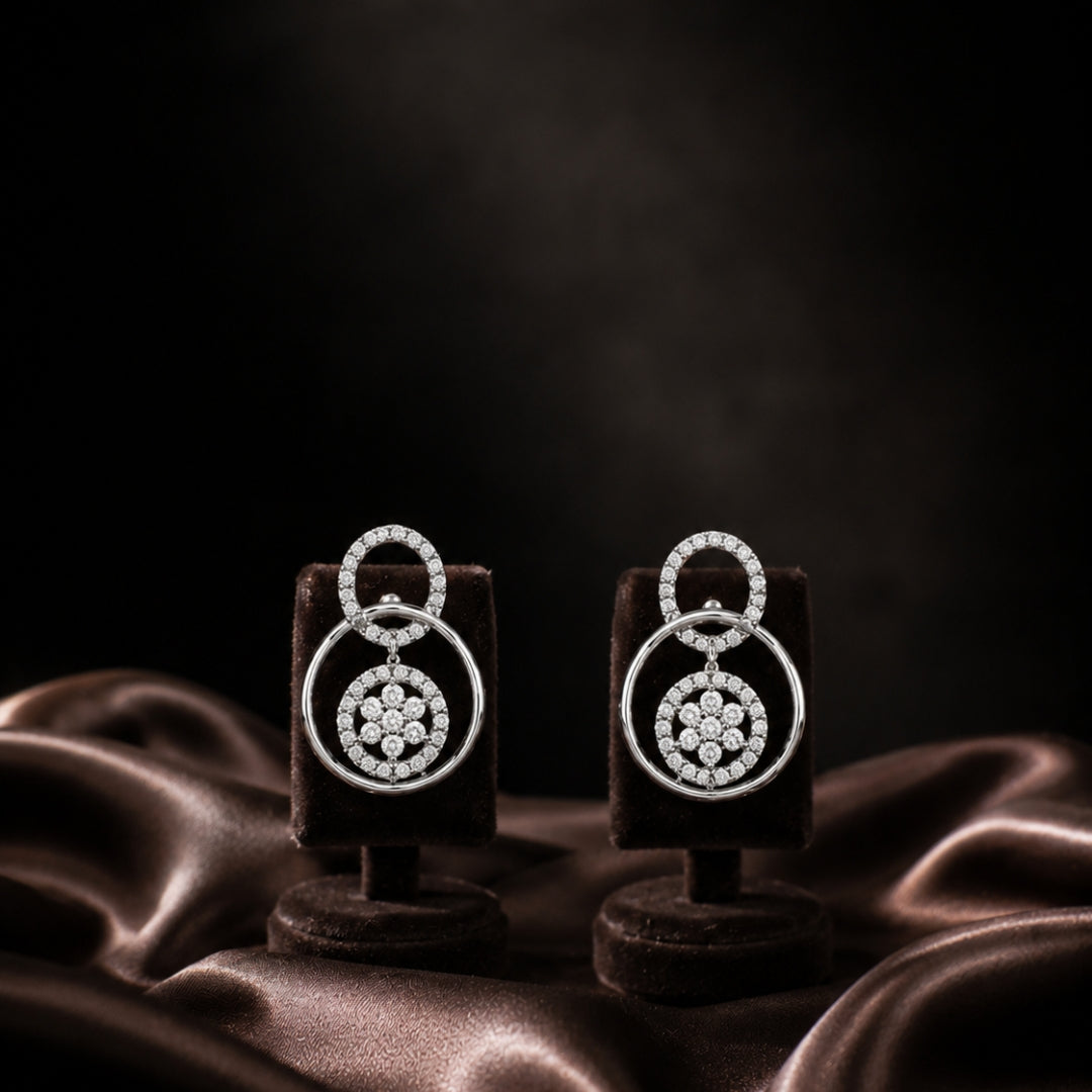 Miayaa Celestial Orbit Drop Earrings - Silver pavé double circle drop earrings with floral cluster
