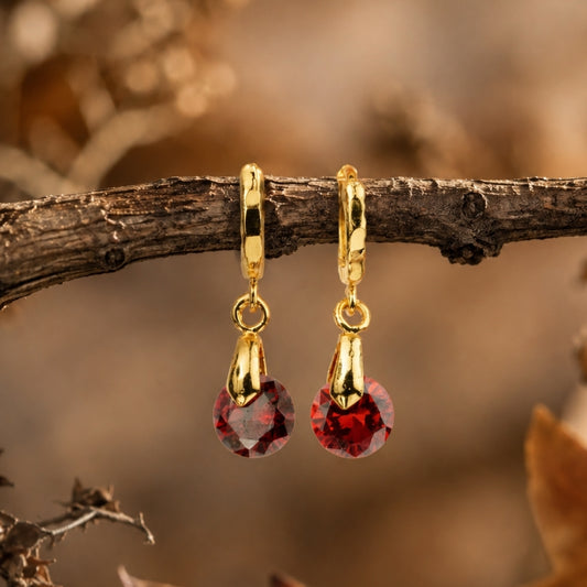 Miayaa Crimson Solitaire Charm Hoop Earrings gold red crystal