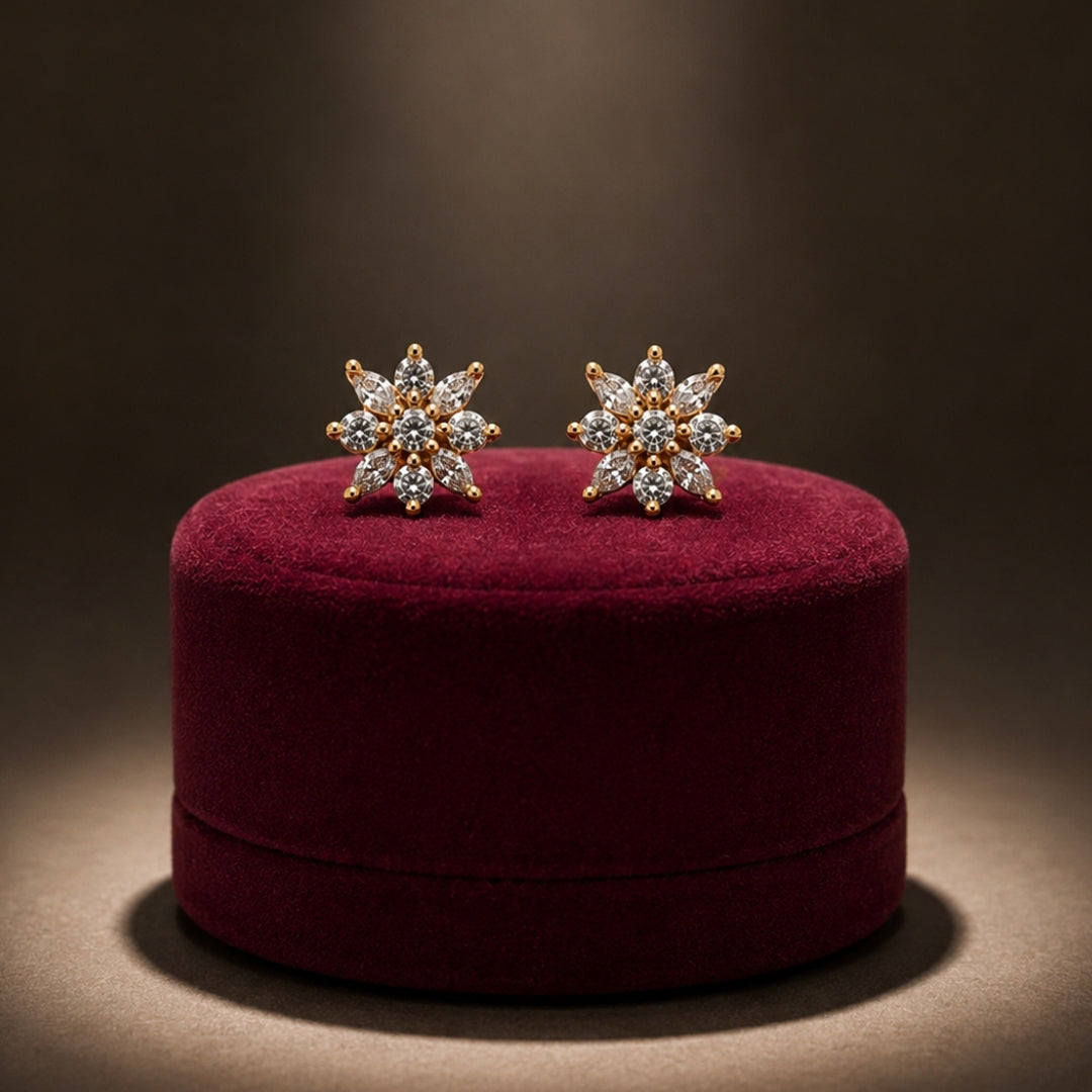 Miayaa Snowflake Marquise Cluster Stud Earrings on crimson velvet box