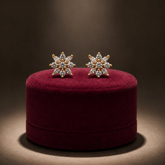 Miayaa Snowflake Marquise Cluster Stud Earrings on crimson velvet box