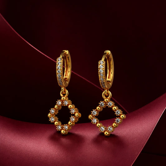Miayaa Quatrefoil Crystal Bead Drop Hoop Earrings red background