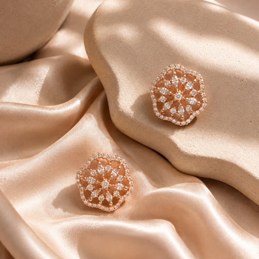 Miayaa Radiant Cushion Floral Stud Earrings rose gold champagne satin