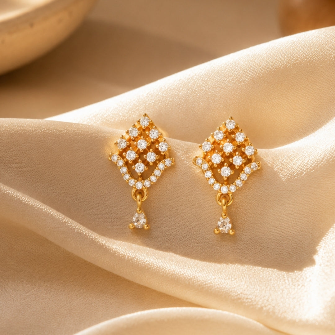 Miayaa Diamond Grid Crystal Drop Earrings gold satin background