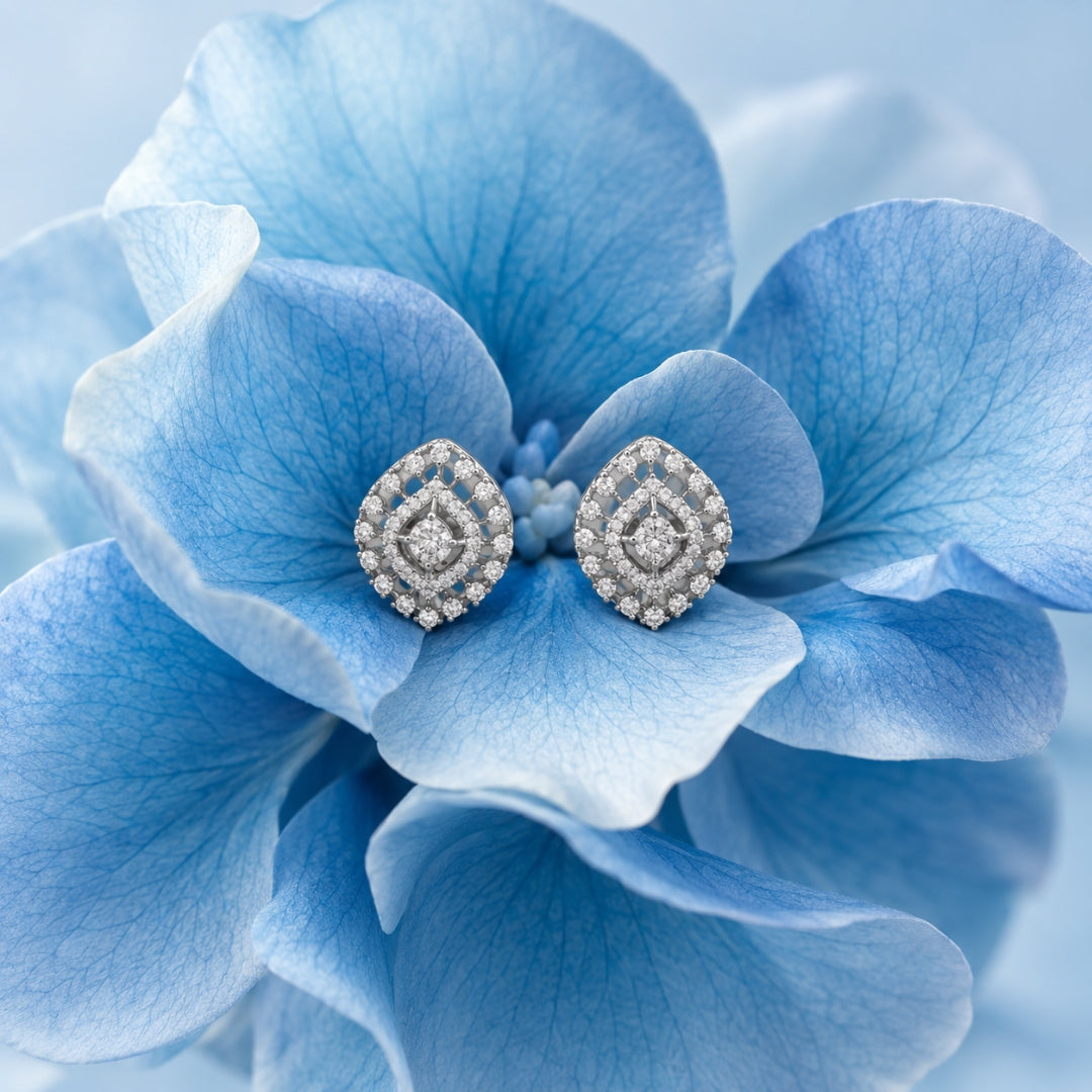 Miayaa Céleste Lattice Stud Earrings - lifestyle on blue hydrangea