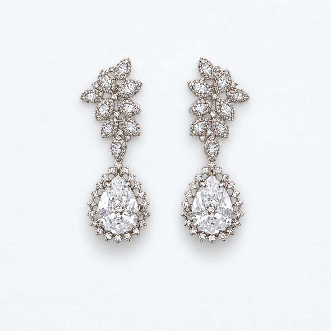 Miayaa Lotus Bloom Pear Drop Earrings - Silver tone on white background