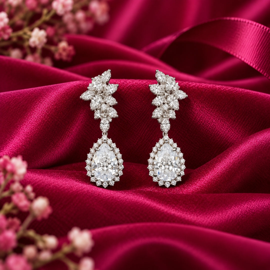 Miayaa Fleur Céleste Pear Drop Earrings - crimson satin lifestyle shot