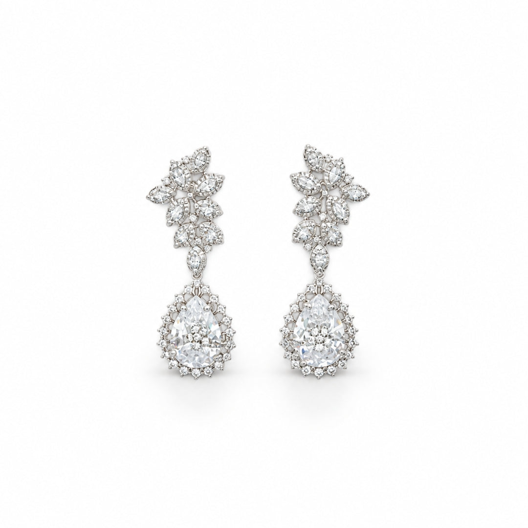 Miayaa Fleur Céleste Pear Drop Earrings - white background front view pair