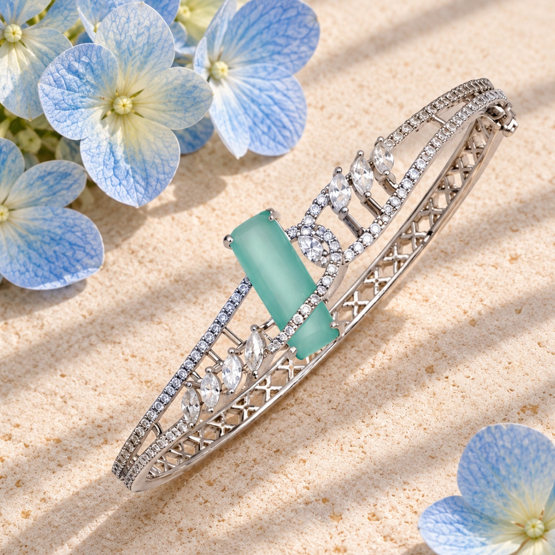 Miayaa Aqua Bloom Marquise Bangle - close up detail flat lay