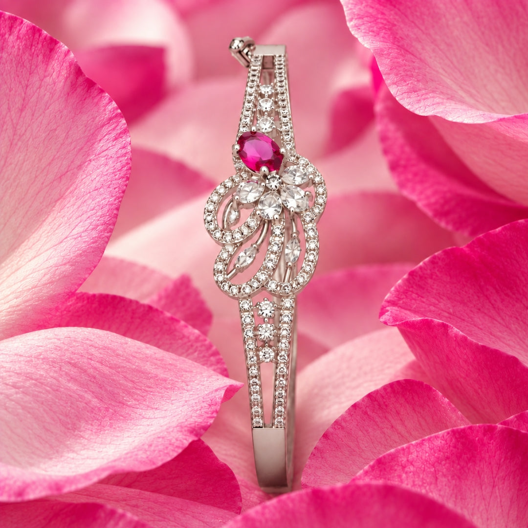 Miayaa Rosa Rubis Floral Bangle - top view on rose petals