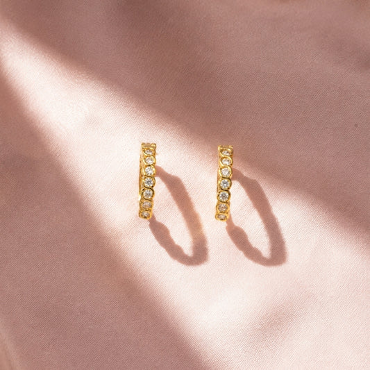 Miayaa Bezel Crystal Bar Hoop Earrings gold blush satin lifestyle