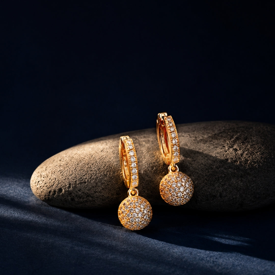 Miayaa Pavé Sphere Drop Hoop Earrings gold dark stone lifestyle