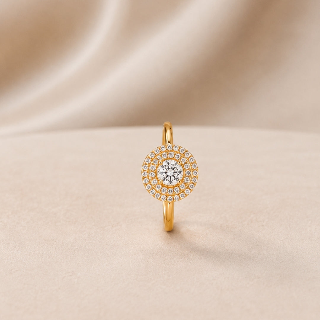 Miayaa Double Halo Solitaire Ring beige satin lifestyle