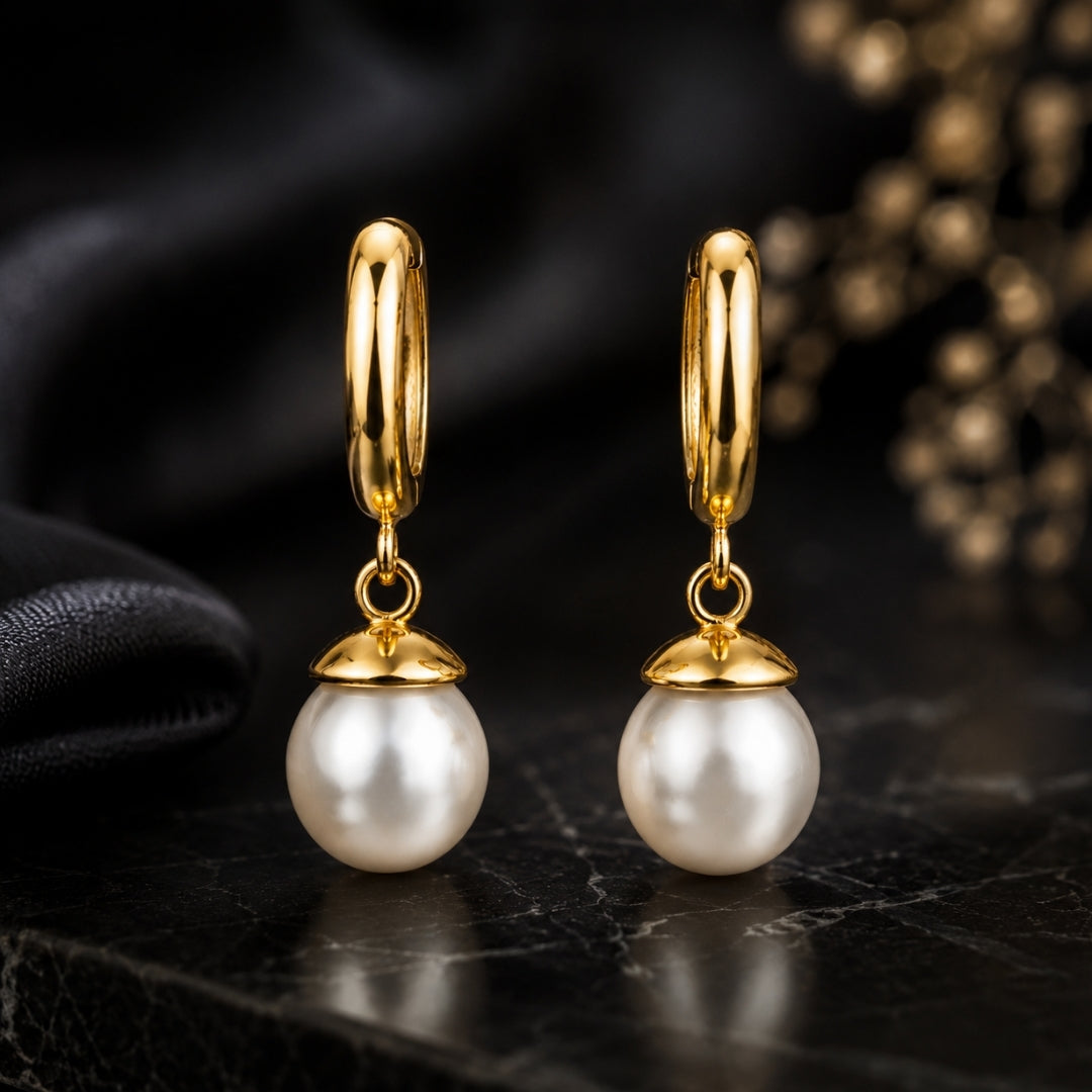 Miayaa Classic Pearl Drop Hoop Earrings dark marble lifestyle