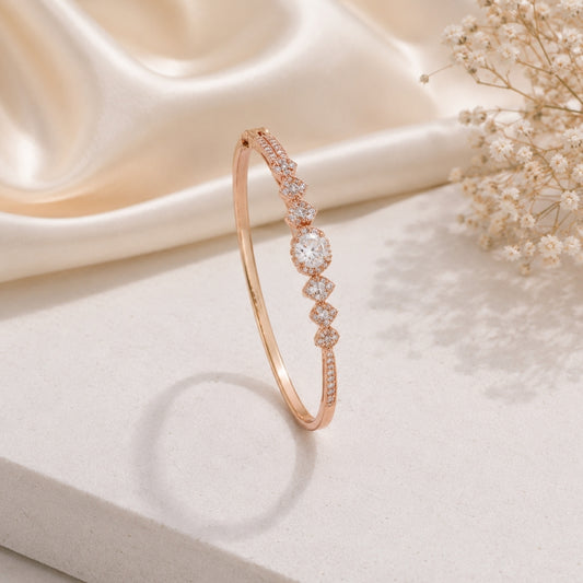 Miayaa Solitaire Halo Graduating Pavé Bangle rose gold beige satin lifestyle