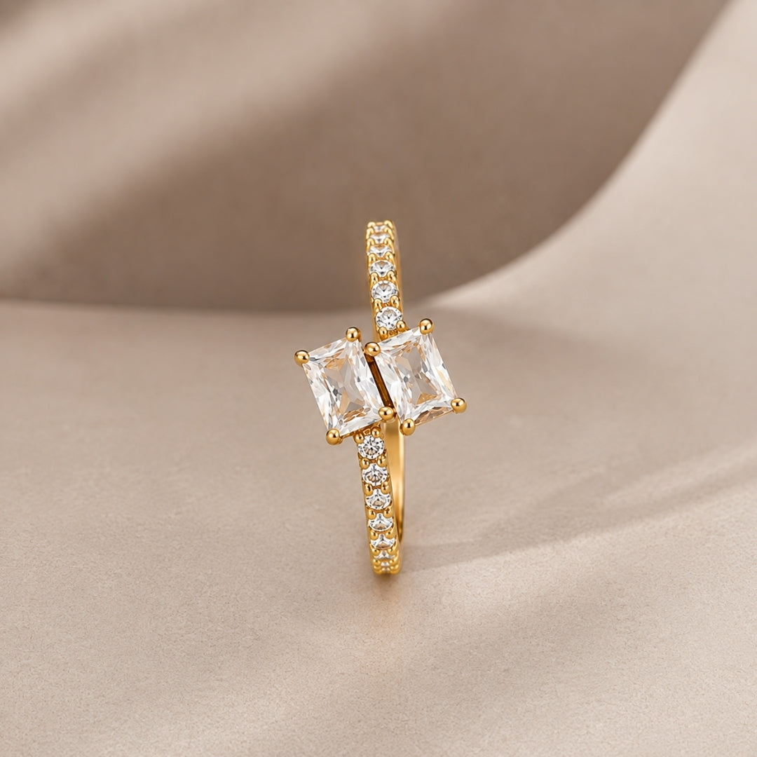 Miayaa Twin Baguette Pavé Ring - Gold twin emerald-cut CZ ring with pavé band