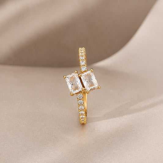 Miayaa Twin Baguette Pavé Ring - Gold twin emerald-cut CZ ring with pavé band
