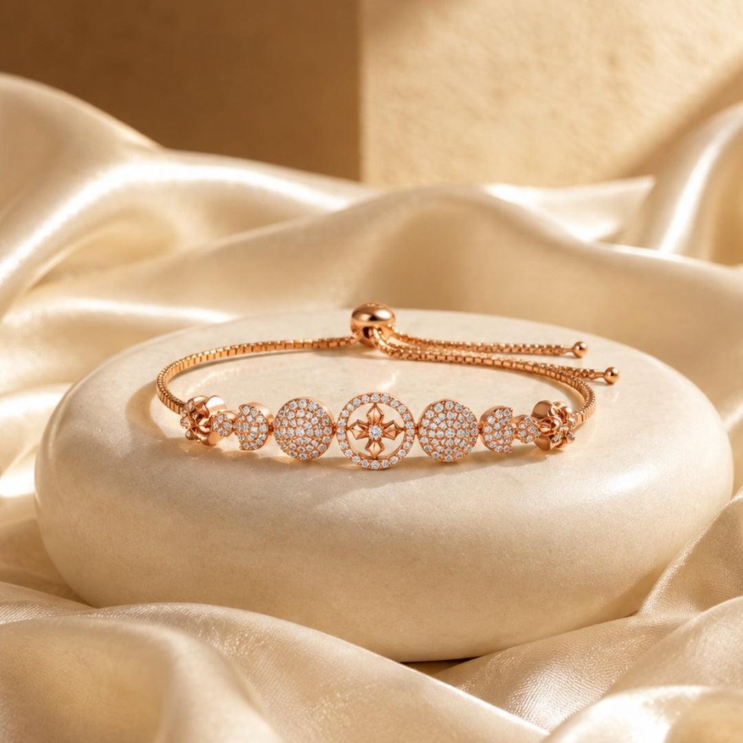 Miayaa Celestial Compass Pavé Disc Slider Bracelet rose gold beige satin lifestyle