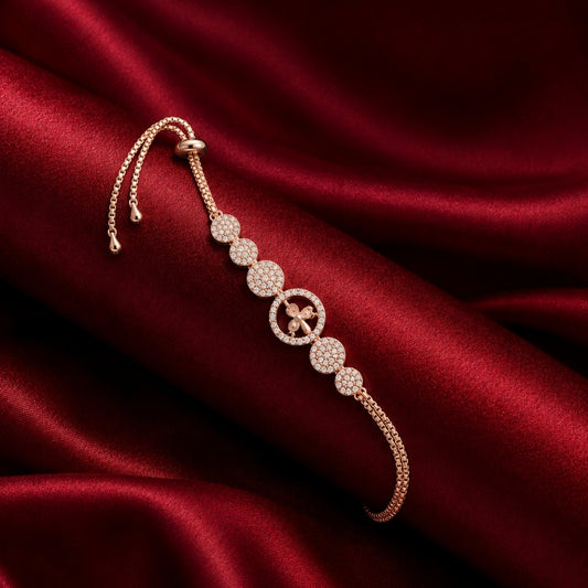 Miayaa Celestial Compass Pavé Disc Slider Bracelet rose gold crimson satin lifestyle