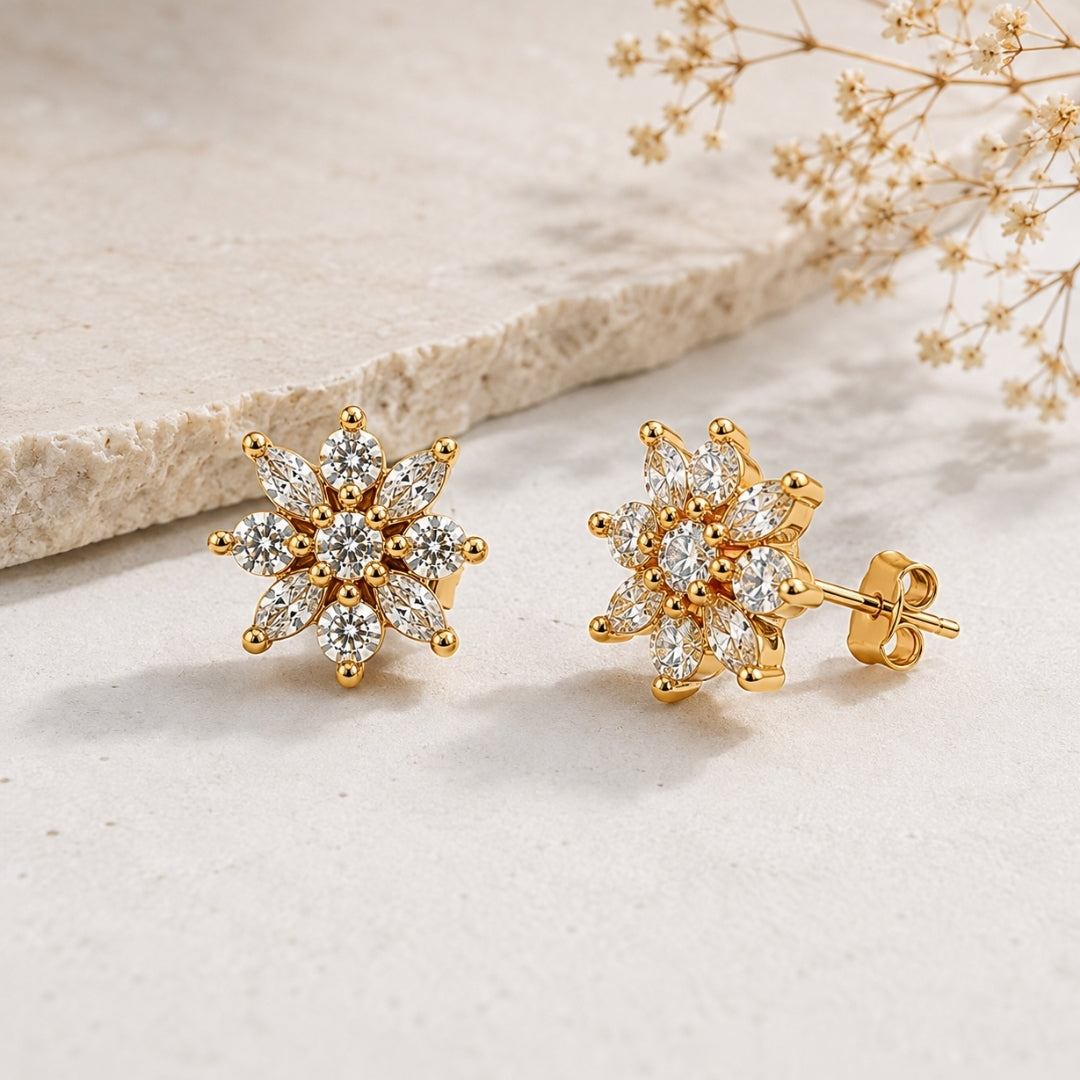 Miayaa Snowflake Cluster Studs - Gold snowflake marquise CZ stud earrings white background