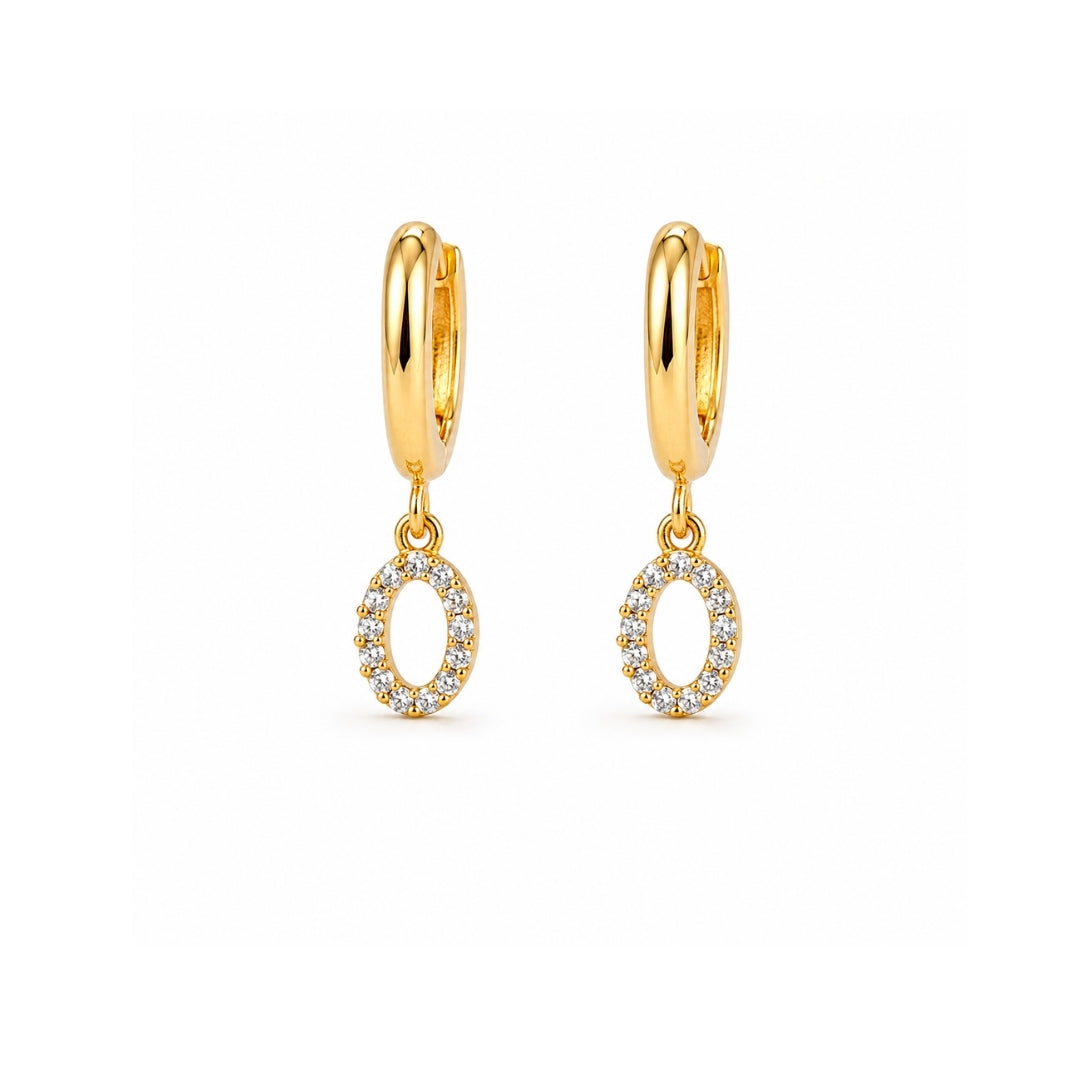 Miayaa Oval Charm Hoop Earrings - Gold hoop with open oval pavé charm drop white background