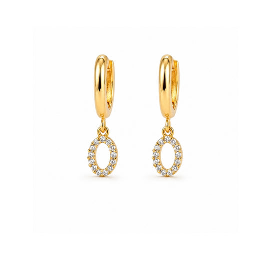 Miayaa Oval Charm Hoop Earrings - Gold hoop with open oval pavé charm drop white background