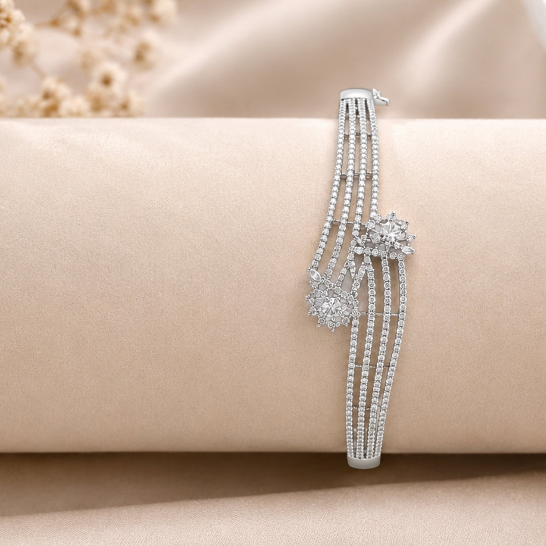 Miayaa Shooting Star Bangle - Silver multi-row pavé CZ bangle lifestyle shot