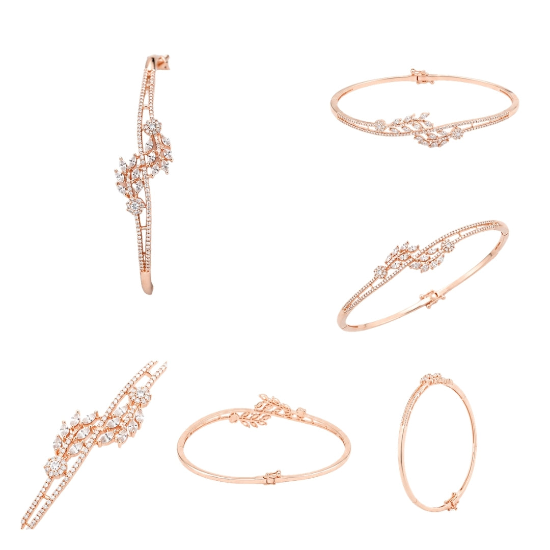 Miayaa Floral Leaf Bangle - Rose gold floral leaf marquise CZ bangle multi-angle