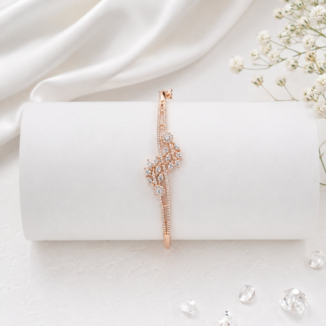 Miayaa Floral Leaf Bangle - Rose gold floral leaf marquise CZ bangle lifestyle