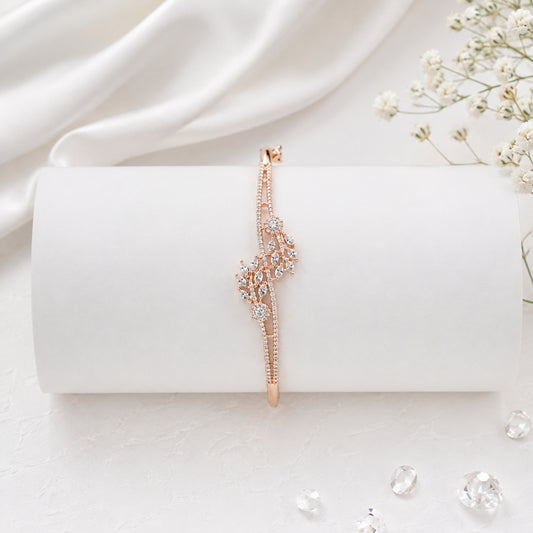 Miayaa Floral Leaf Bangle - Rose gold floral leaf marquise CZ bangle lifestyle
