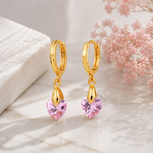 Miayaa Rose Heart Hoop Earrings - Gold mini hoop with pink heart crystal charm drop