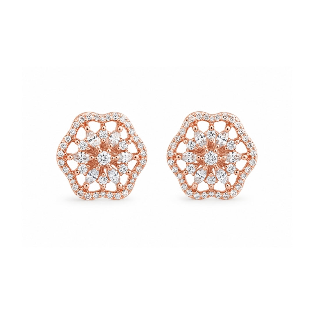 Miayaa Hexagon Web Studs - Rose gold open hexagon marquise CZ web stud earrings