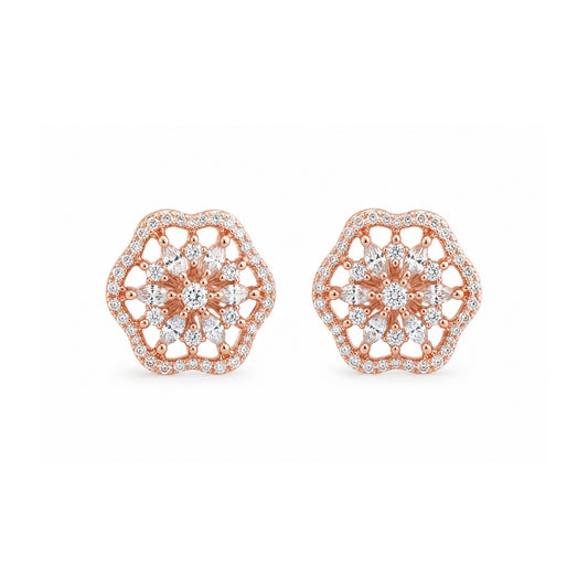 Miayaa Hexagon Web Studs - Rose gold open hexagon marquise CZ web stud earrings