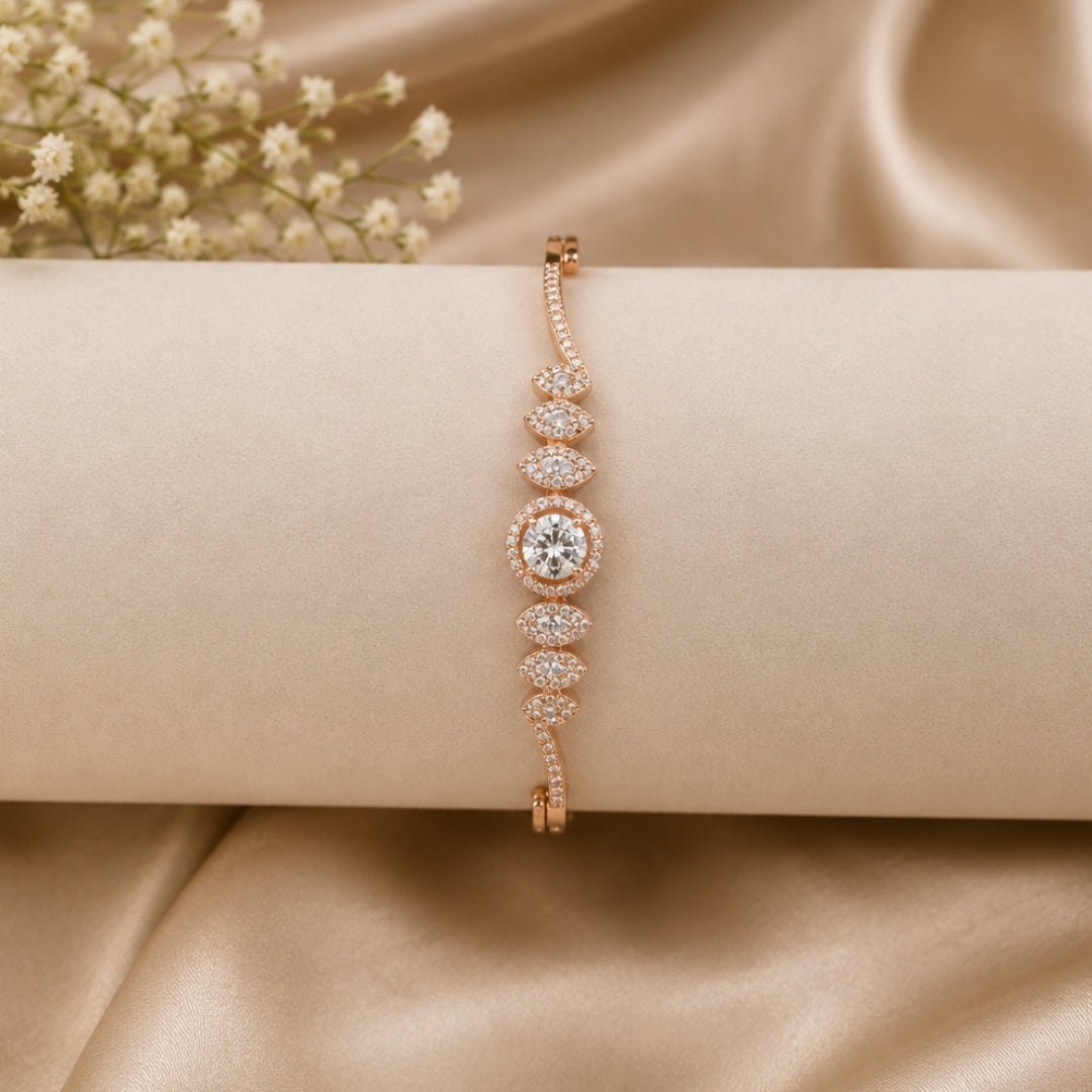 Miayaa Celeste Halo Bangle - Rose gold solitaire halo marquise pavé bangle lifestyle