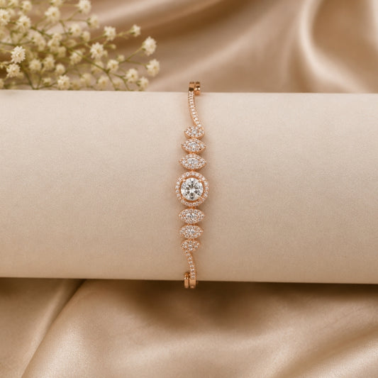 Miayaa Celeste Halo Bangle - Rose gold solitaire halo marquise pavé bangle lifestyle