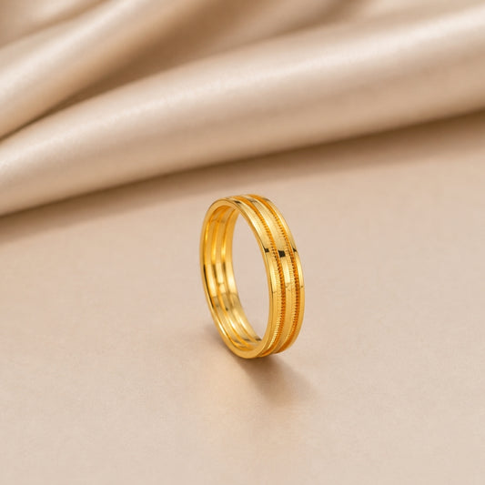 Miayaa Milgrain Double Band Ring - Gold band ring with polished centre and milgrain edges lifestyle