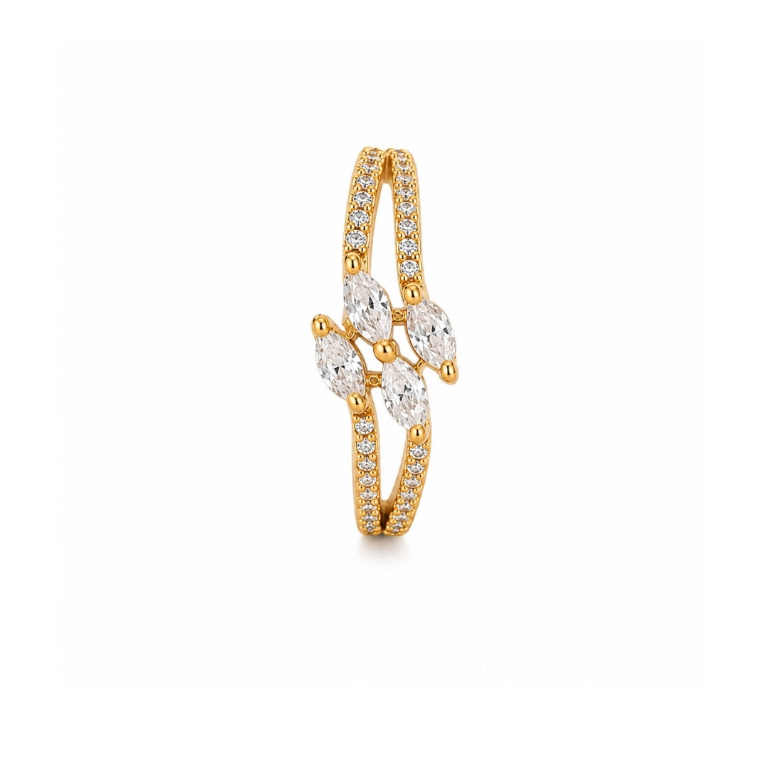 Miayaa Marquise Leaf Double Band Ring - Gold double pavé band ring with marquise CZ leaf cluster white background