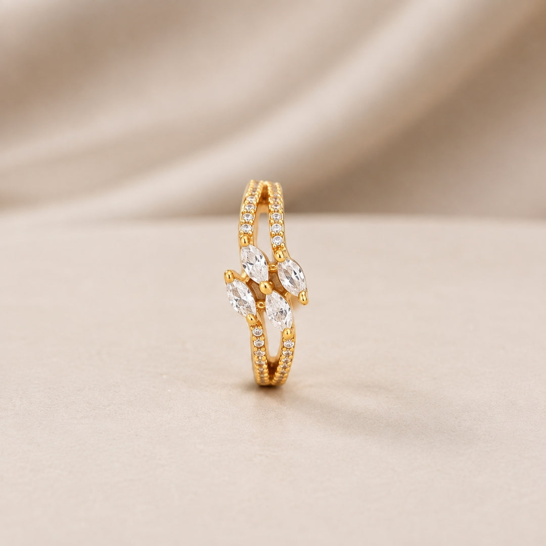 Miayaa Marquise Leaf Double Band Ring - Gold double pavé band ring with marquise CZ leaf cluster lifestyle