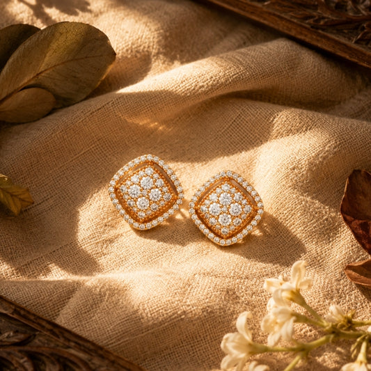 Miayaa Cushion Halo Cluster Studs - Gold cushion pavé cluster double halo stud earrings