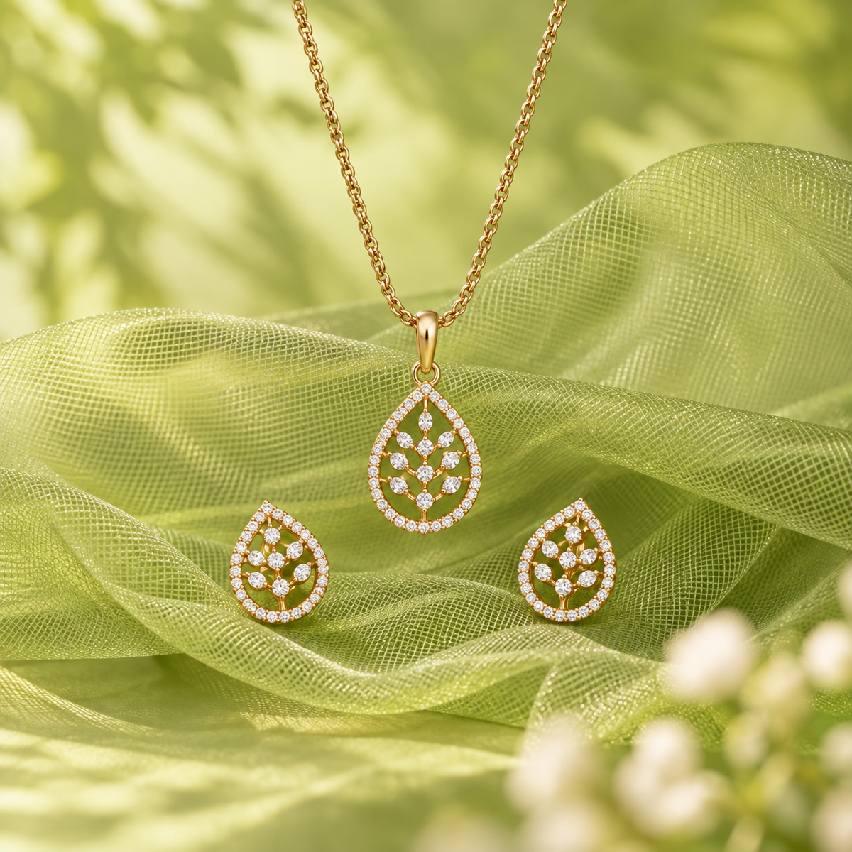Black-beaded gold-tone crystal necklace with matching drop earrings