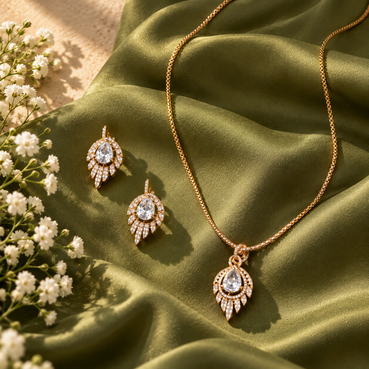 Gold-tone teardrop pendant necklace with leaf-shaped crystals and matching earrings