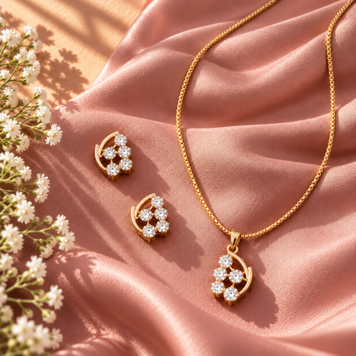 Gold-tone circular crystal cluster pendant necklace with matching earrings