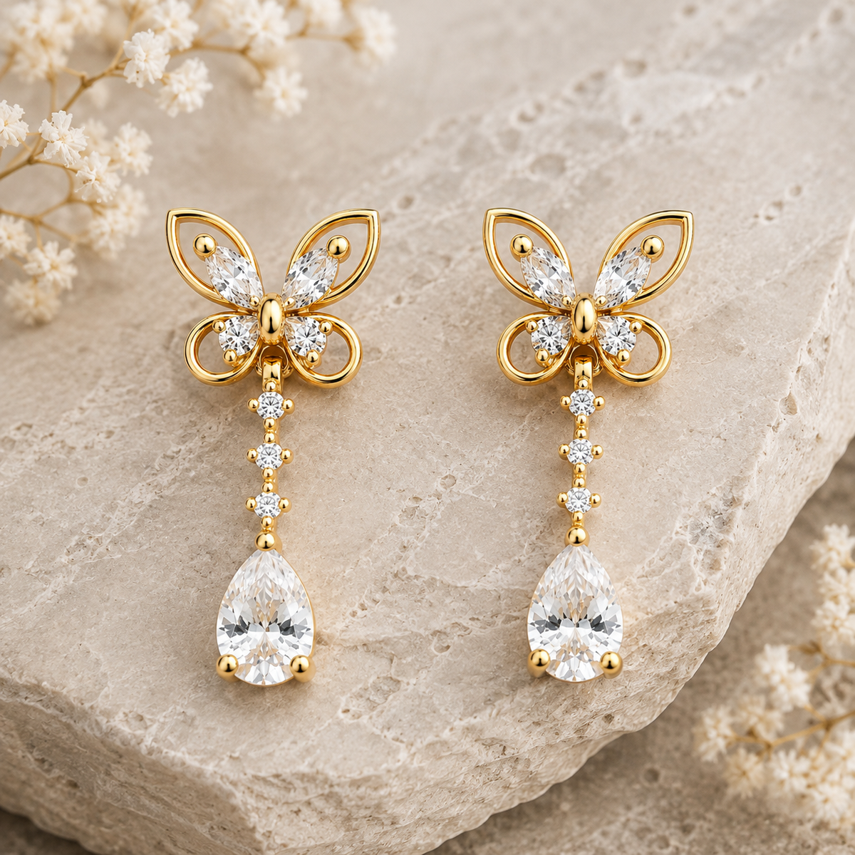 Miayaa Butterfly Solitaire Drop Earrings - warm stone lifestyle shot